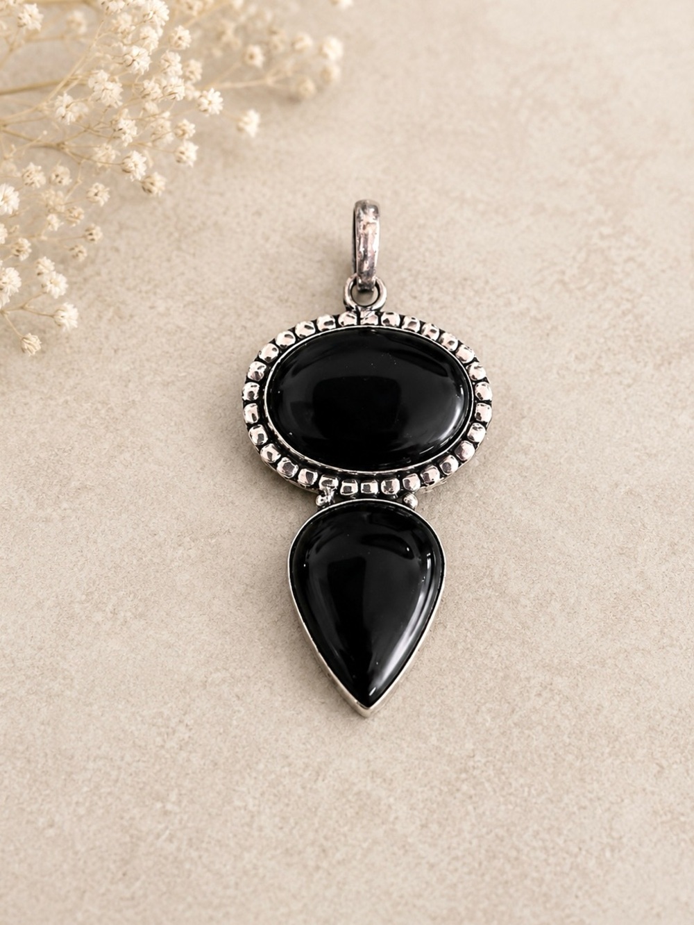 Double Natural Black Onyx Gemstone 2.5” 925 Silver Pendant